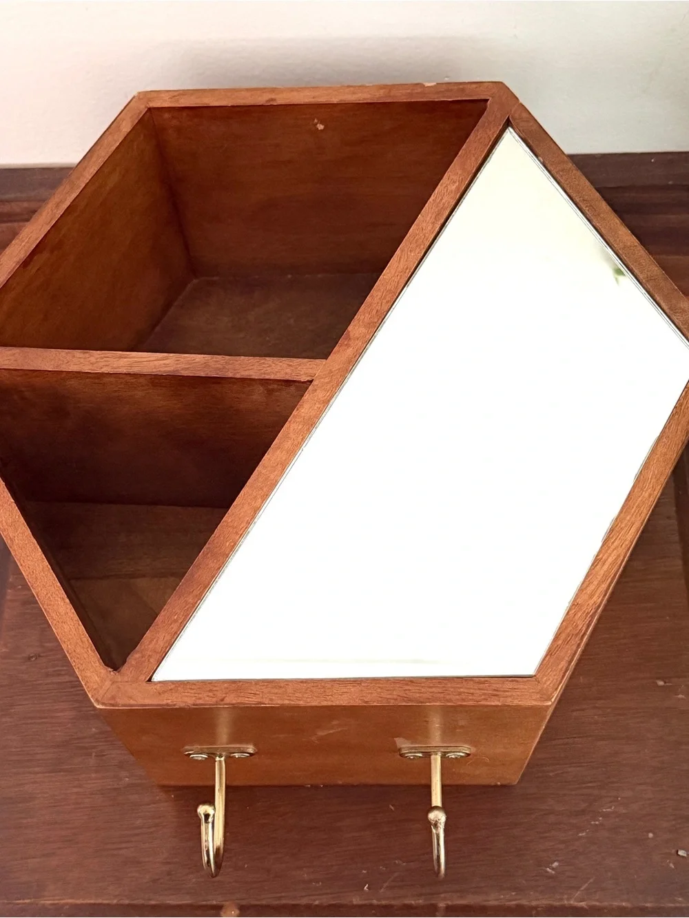 Project 62 Walnut Wood Mirrored Hexagon Wall Hanging Shelf Cubby MCM Vtg Style